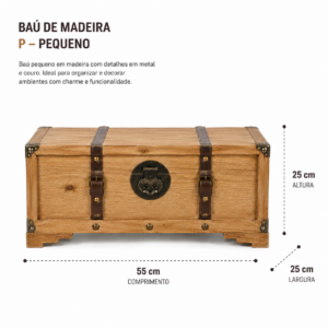 Baú Decorativo P em Madeira, Metal e Couro
