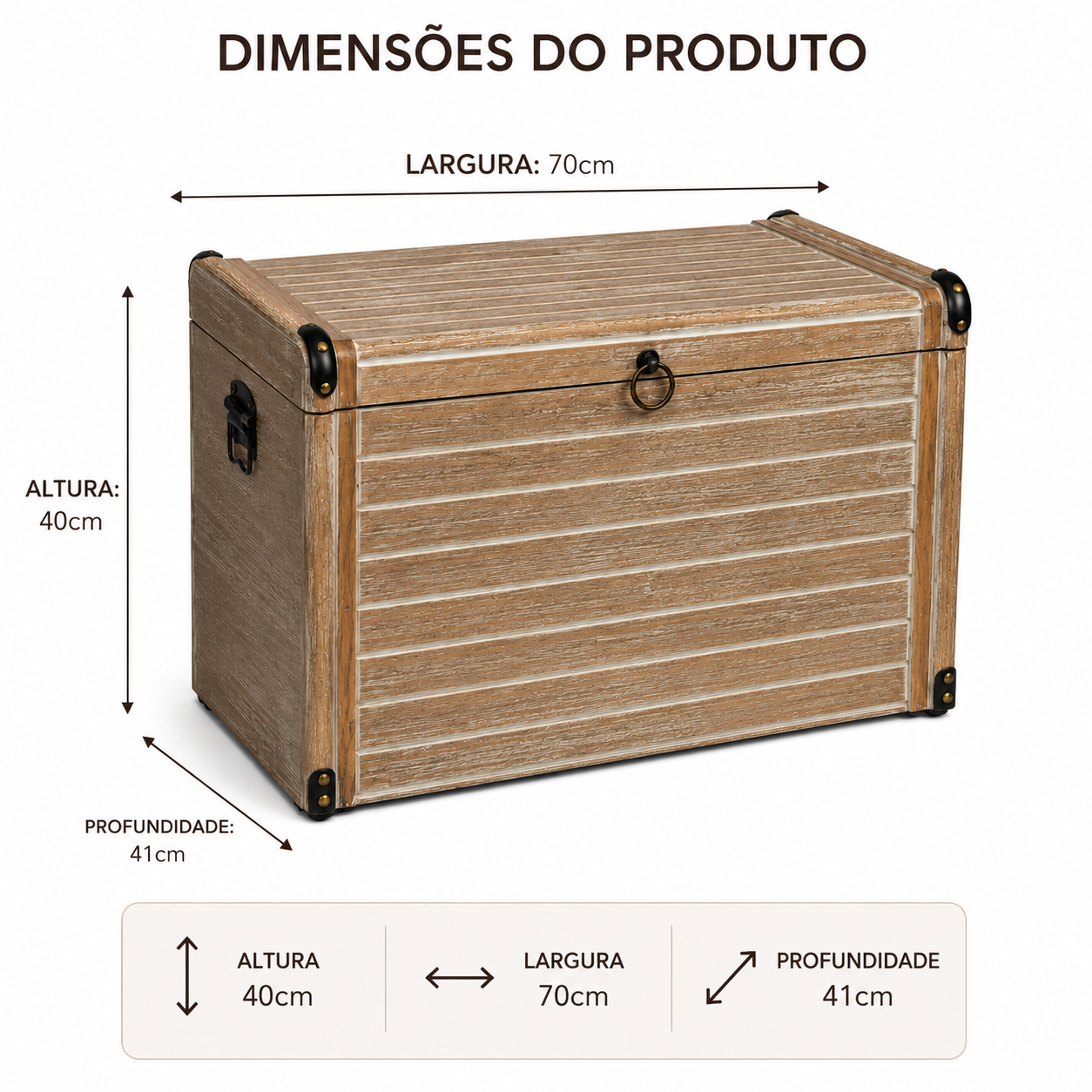 Baú de Madeira Pátina Grande Decorativo com Tampa | Organizador Rústico