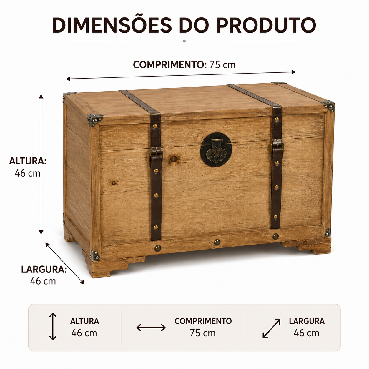 Baú de Madeira Grande com Metal e Couro | Decorativo Rústico