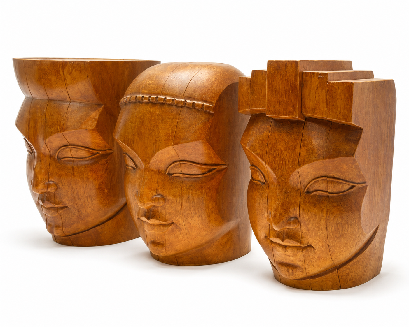 Conjunto de Esculturas Decorativas em Madeira | Rostos Esculpidos Artesanais