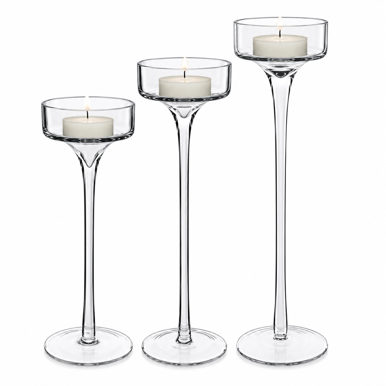 Castiçal Crystal com Pé em Vidro Transparente – Jogo com 3 Peças para Velas Decorativas