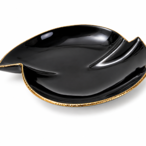 Centro de Mesa em Vidro Preto com Friso Dourado – Decoração Sofisticada e Moderna