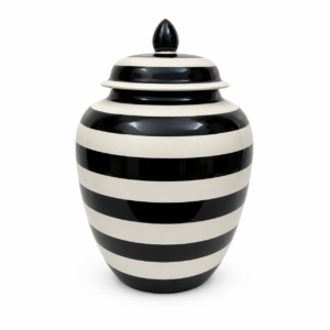 POTICHE CERAMICA PRETO E BRANCO COM TAMPA P
