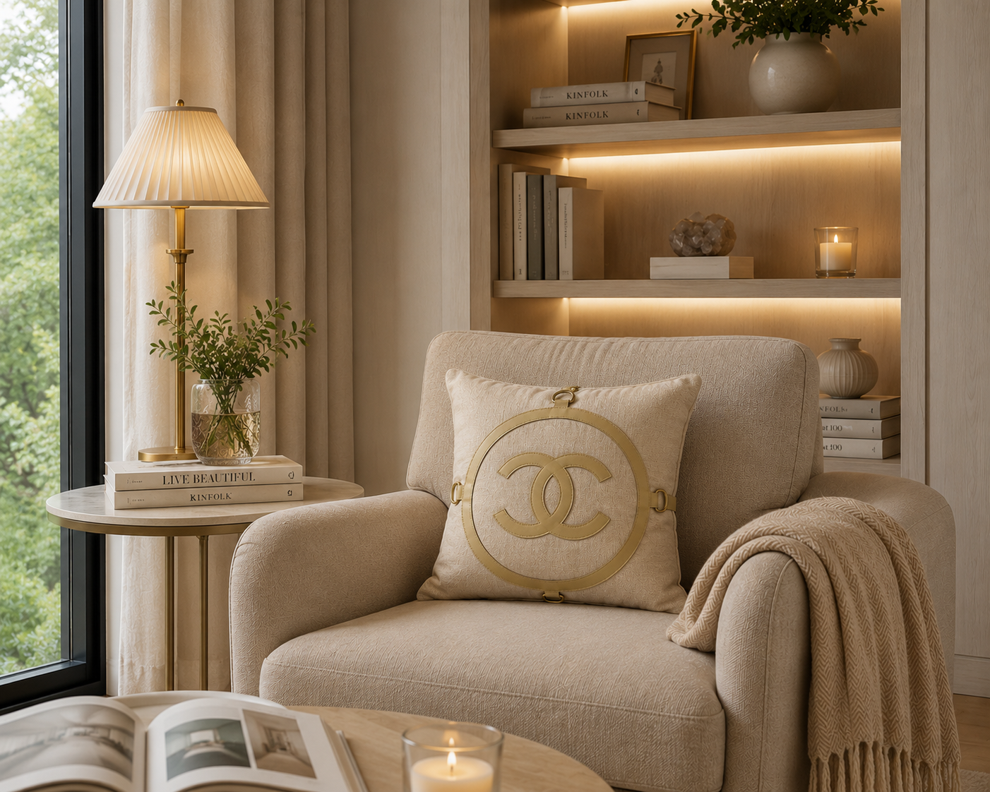 Almofada Decorativa Bege Bordada com Detalhes em Courino - Imagem 2
