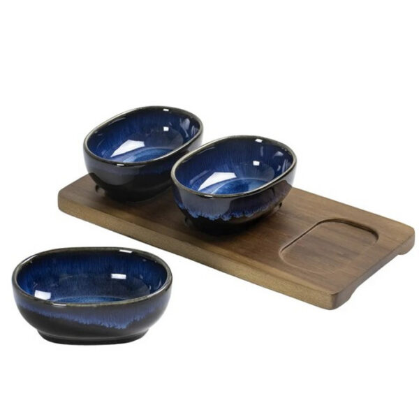PETISQUEIRA EM MADEIRA E CERAMICA AZUL COM 3 BOWLS