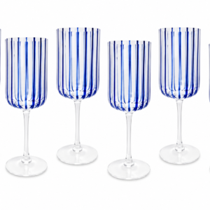 TAÇAS DE VIDRO TRANSPARENTE COM RISCOS AZUIS - 6 PCS